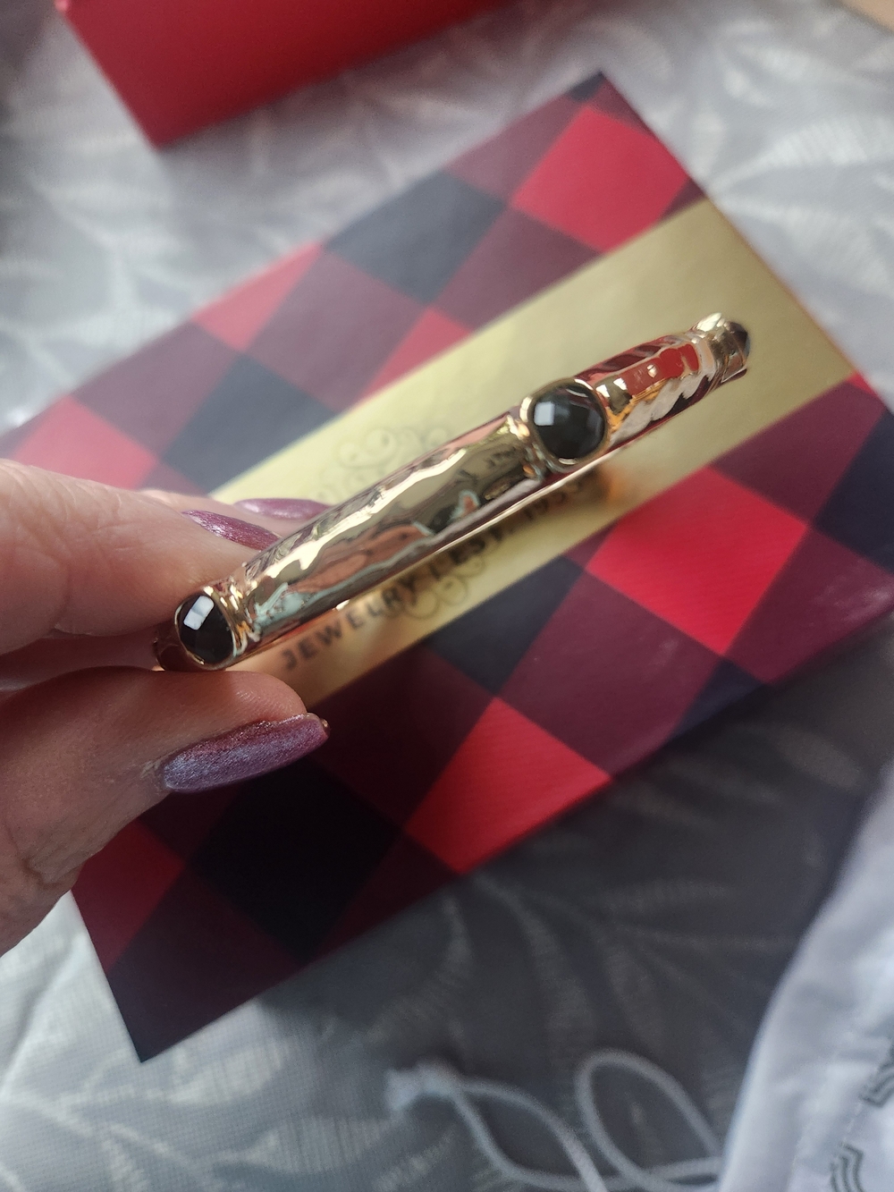 Park Lane Gold hammered  Cuff bangle Bracelet with Black Stones